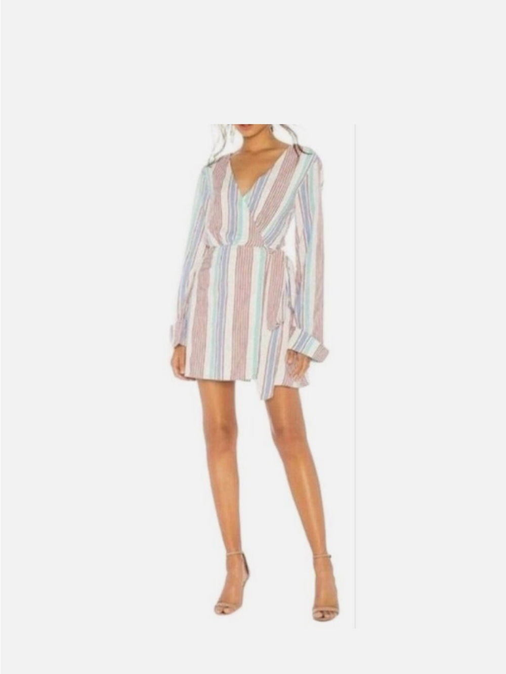 NWT L'Academie Long Sleeve cream Dress with Red, Blue & Teal Pinstripes. Size S